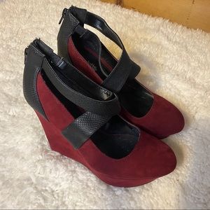 Charlotte Russe Burgundy & Black Suede Wedge Heels